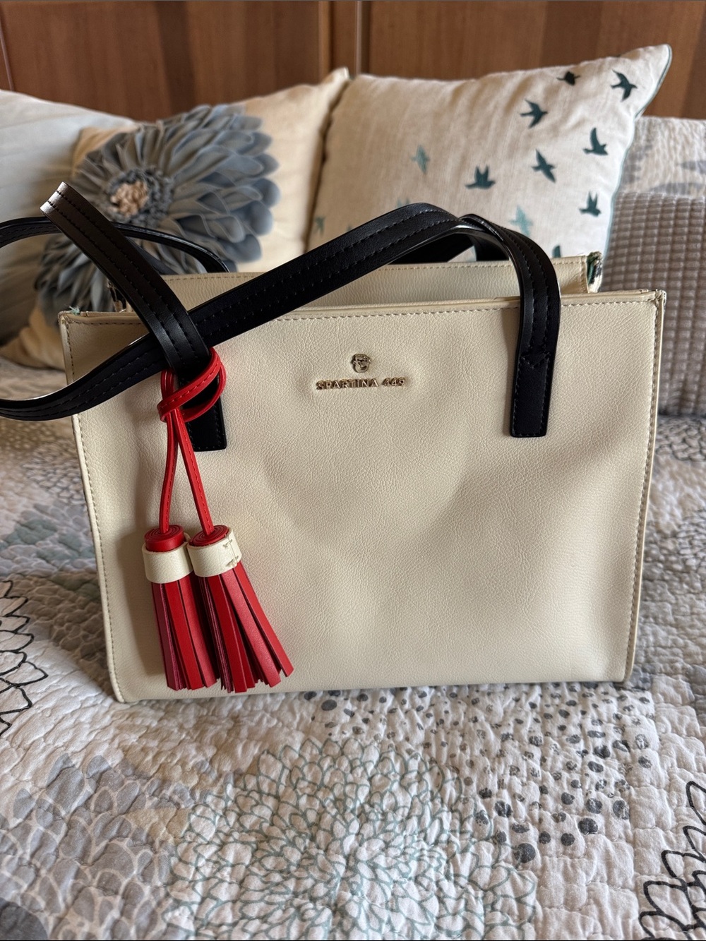 Spartina Leather Tote Bag in Cream with Black Handles and Red Tassels